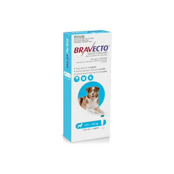 BRAVECTO Blue Spot-On 1000mg for Dogs 20-40kg 12-Week Flea & Tick Treatment