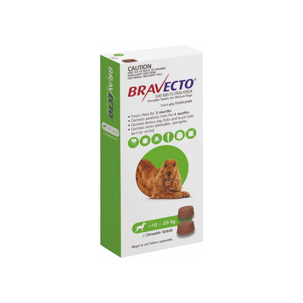 BRAVECTO Medium Dog Green 500mg 2PK Flea & Tick Treatment for Dogs 10-20kg