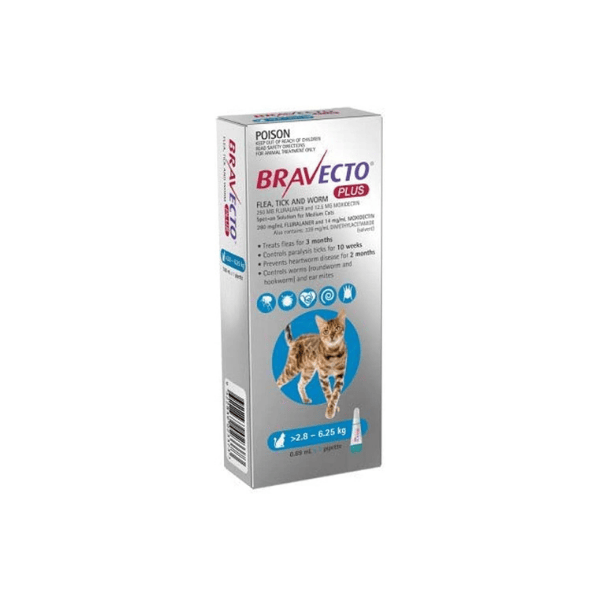 BRAVECTO Cat Plus 250mg Blue Long-Lasting Flea & Tick Control for Cats 2.8-6.25kg