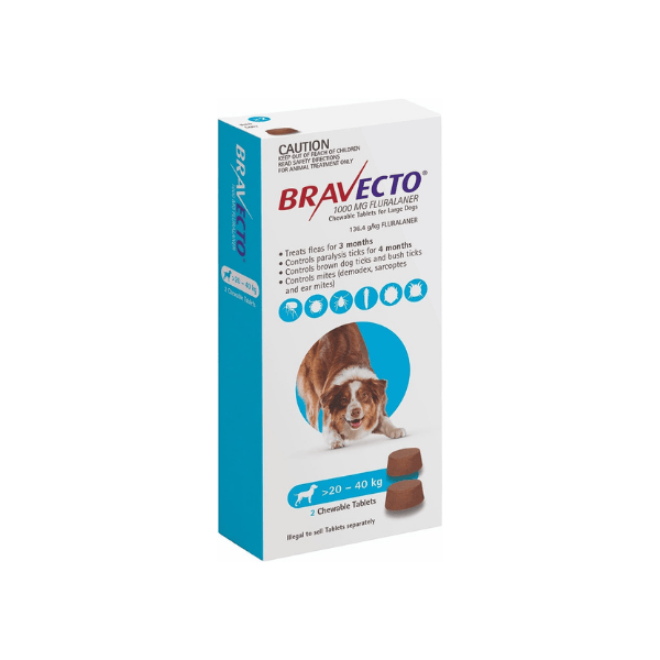 BRAVECTO Blue 1000mg 2PK  Flea & Tick Prevention for Large Dogs 20-40kg